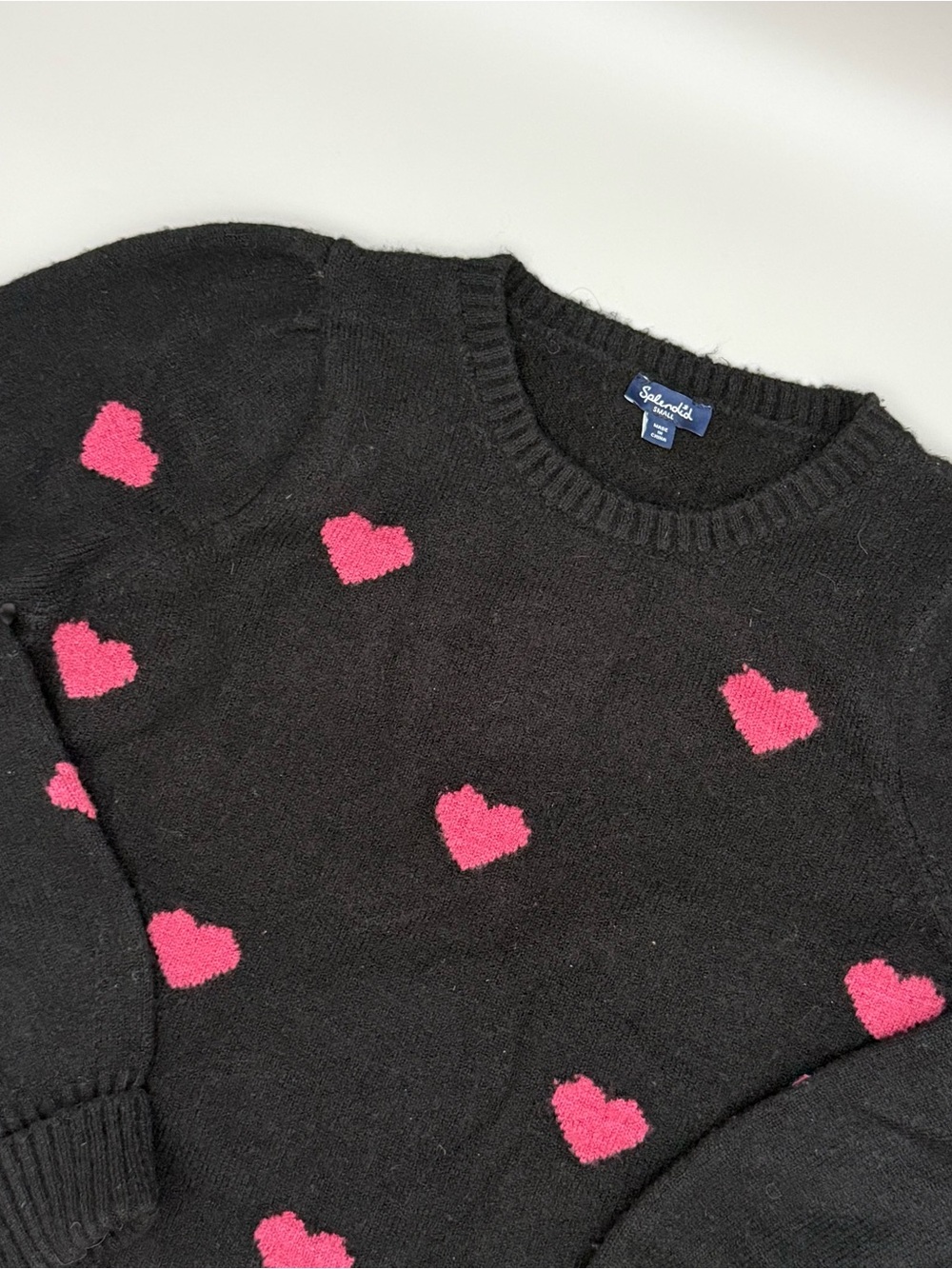Splendid Sweater Women’s Small Black Crewneck with Pink Heart Motif Puff Sleeve